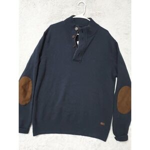 Barbour Sweater Mens XL Elbow Patch Mock Neck 100% Wool Quarter Zip Navy Blue